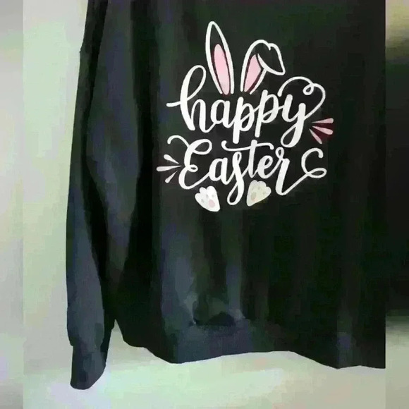 ROSHOP | Women's Black "Happy Easter" Oversize Off Shoulder Scuba Fleece… - Picture 2 of 4